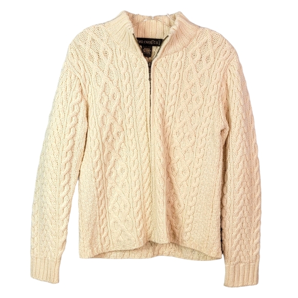 Inis Crafts 100% Merino Wool Made in Ireland Cable Knit Zip Up Heavy Sweater M - Picture 2 of 14
